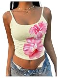 GORGLITTER Women's Floral Crop Cami Tops Scoop Neck Spaghetti Strap Sleeveless Summer Holiday Beach Going Out Hawaiian Top Yellow and Pink Floral M