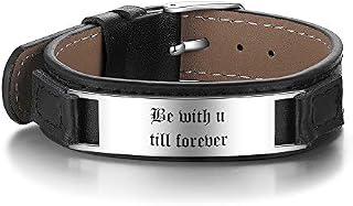 KAULULU Mens Womens Leather Adjustable Bracelet Personalised Mens Womens Black Leather Bracelet with Names Texts Stainless Steel Customised Couple Mens Bracelet Personalized Birthday Gift