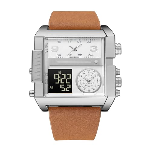 スクエアマルチタイムゾーンウォッチ防水クォーツ腕時計大型文字盤デュアルディスプレイ腕時計はファッショナブルな男性へのギフトです(Blown/White)