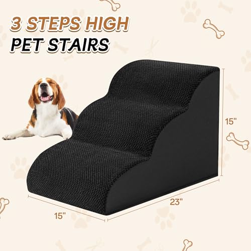 ROMROL Hundetreppe 3 Stufen – rutschfeste Haustiertreppe für kleine Hunde & Katzen – Waschbarer Bezug, Hochdichter Memory-Schaum – Weiche Einstiegshilfe für Sofa & Bett – Gelenkschonend, Schwarz