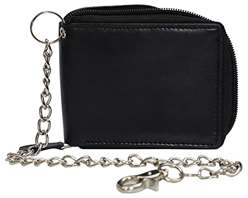 Men's Zipper RFID Blocking Premium Leather Zip-Around ID Bifold Biker Chain Wallet (Black)4