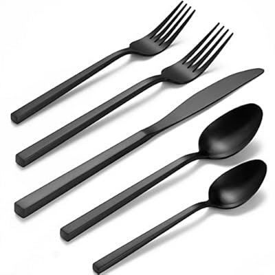 Alata Cube Black 20-Piece Forged Silverware Set Stainless Steel Flatware Set,Service for 4,Matte Satin Polished Cutlery Set,Dishwasher Safe