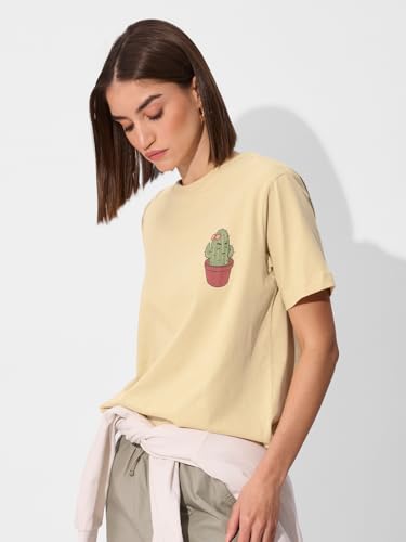 Image of The Souled Store Cactus Women and Girls Short Sleeves Round Neck Yellow Graphic Printed Cotton Relaxed Fit T-Shirts