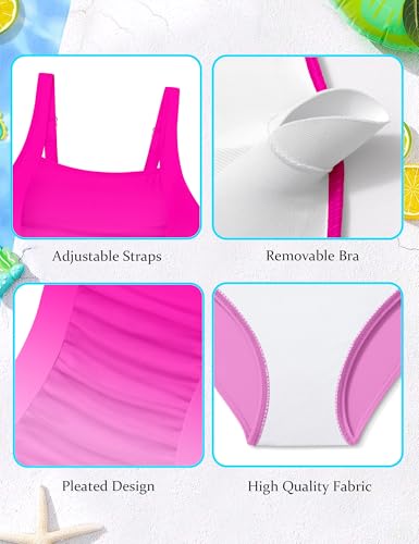 Image of Girl Swimsuit One Piece Bathing Suit for Girls Solid Color Ruched Adjustable Straps Padded Swimwear 9-18y