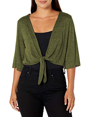 Star Vixen Women's Petite Stretch Hacci Knit Tie-Front Shrug Sweater, Olive/Black, P-Medium
