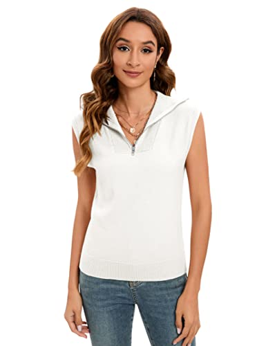 Amarmia Women's Zipper Knit Sweater Vest Sleeveless Summer Solid High Neck Cute Cap Sleeve Casual Loose Pullover Tank Tops White #TOP4