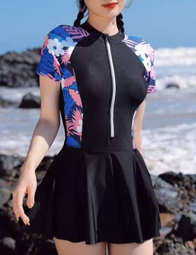 Image of JadeRich Girls' One Piece Floral Skirted Swimsuit Zipper Front Short Sleeve Rash Guard Swim Dress for Teenagers