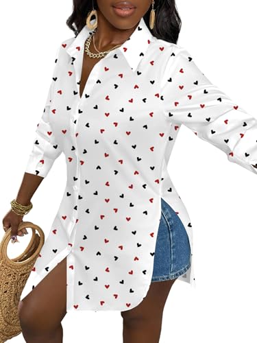 Image of LYANER Women's Collar Neck Long Sleeve Button Down Shirts Sexy Split Hem Tops Long Blouse Shirt Dress