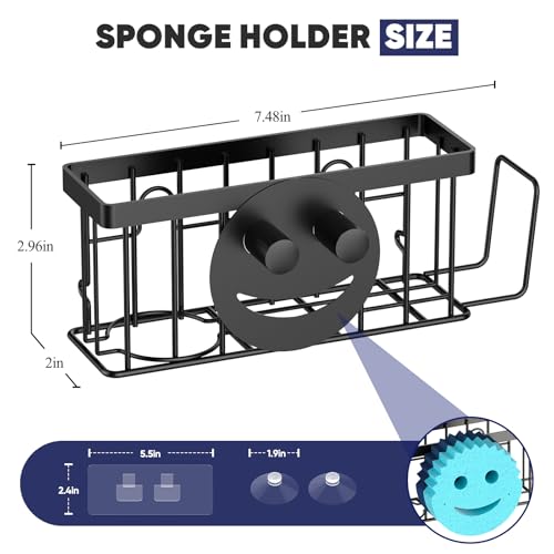 MURLONG Sponge Holder for Kitchen Sink,Sink Caddy Smiley Face,4-in-1 Sponge Holder with Suction Cups & 1 PCS Adhesive Strips for Holding Soap,Brush,Scrubber,Sponge,Stopper-Black