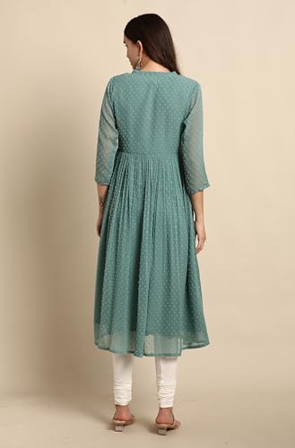 Image of Janasya Women's Dobby Chiffon Self Design Flared Kurta