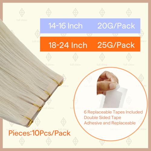 Image of Full Shine Injected Tape in Hair Extensions Human Hair Color Pure Platinum Blonde Virgin Hair Invisible Tape in Extensions 10pcs 20g 14Inch Natural Looking Clavicle Cut