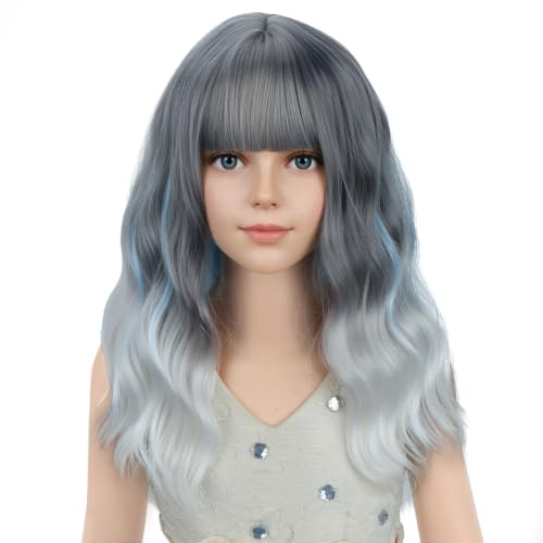 Image of PATTNIUM Girls Gray Ombre White Short Wavy Curly Wig with Bangs Kids Grey Ombre Bob Wigs Synthetic Halloween Costume Cosplay Party Wigs