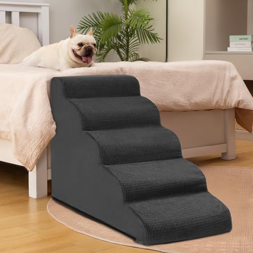 Image of Aodisman Dog Stairs for High Bed,5-Step Pet Ramp for Small Dogs and Cats | 22.2 inch H Dog Steps for Bed with High-Density Foam, Help Olders,Short-Legged Dogs,Puppy and Cats Get on Beds Easily,Grey,Black
