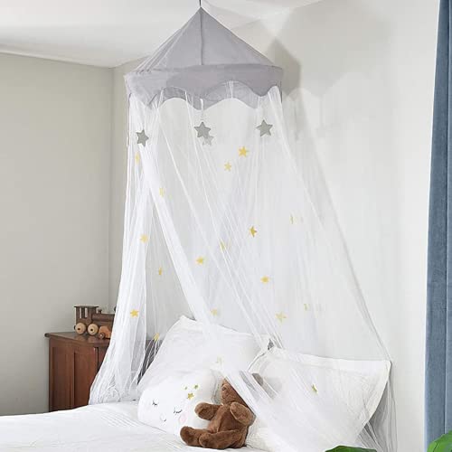 Image of Nomad Nets Crib Canopy For Girls Bed - Premium Bed Canopy for Girls and Boys - Fits all Cribs and Beds - White Bed Net - Gray Top-Crown - Hanging Bed Net with Easy Installation Kit