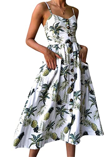 Image of YMING Womens Summer Spaghetti Strap Dresses Button Down Floral Sundress High Waist Swing Midi Dress with Pockets