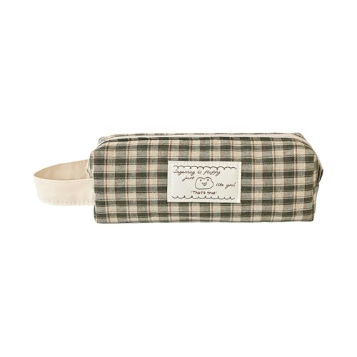 Image of Monolike Unmatched Friends Fabric Check Block Pencil Case, Vintage green - Aesthetic Gingham Pastel Desk Organizer, Soft Padded Makeup Brush Case, Trendy Minimalist Stationery Pouch