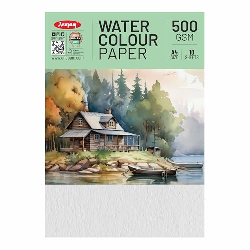 Image of Anupam Professional Watercolour Paper | A4 (30X21CM) 500 GSM Cold Pressed Paper |Acid-Free 10 Sheets| Ideal for Artist, Professional Drawing, Painting Dry & Wet, Fine Art, School, Students