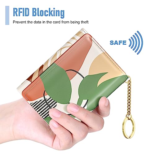 Image of Rouidr Womens Wallet, Small Slim RFID Card Wallets for Women, Cute Front Pocket Trifold Leather Card Organizer with 7 Slots & ID Window, Modern Abstract Art
