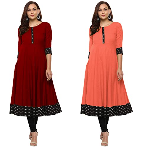 Image of NATEK Plain Cotton Everyday Wear Anarkali Top Kurtas for Ladies Women - Combo Sets of 2 Maroon, Peach Colour XX-Large Size