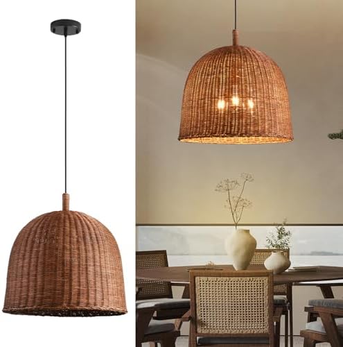 3-Light Dark Curry Rattan Pendant Light,17.7" Rustic Hanging Ligh...