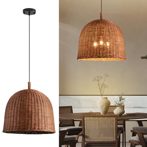 3-Light Dark Curry Rattan Pendant Light,17.7" Rustic Hanging Ligh...