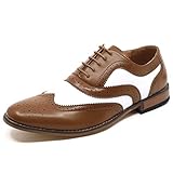 Metrocharm MC145 Men's Two Tone Perforated Wing Tip Lace Up Oxford Dress Shoes (11, Tan White)