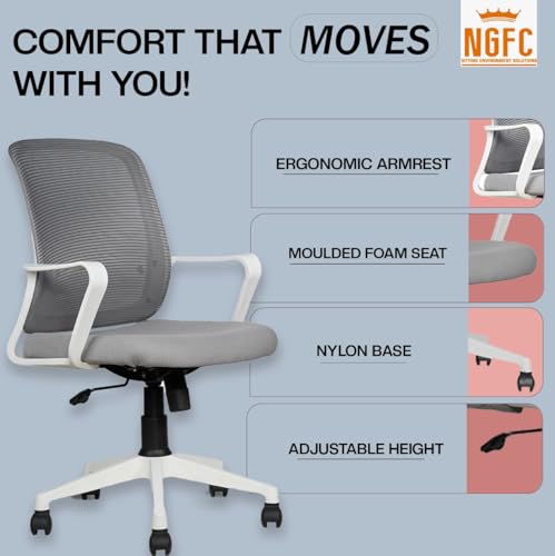 Image of NGFC Mesh Mid Back Ergonomic Work from Home Office Desk Chair, Study Chair, Revolving Chair, Computer Chair, Ergonomic Lumbar Support, Tilt Lock Mechanism (2, Grey & White)