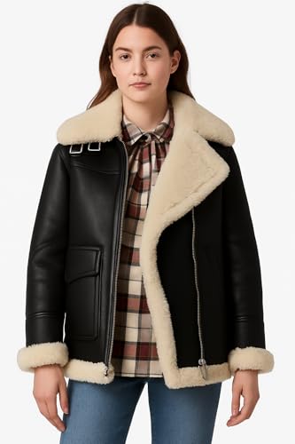 Urbon Shop Women’s Shearling Leather Jacket – Black Aviator B3