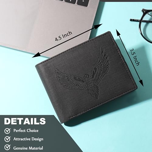 Image of VEMILIO Vegan Leather Wallet for Men | Eagle Print Embossed Premium Bifold Wallet | 3 Card Slots | 2 Cash Compartments | 1 Coin Pocket & 2 Secret Slots | Stylish, Durable & Gift for Men (Eagle, Black)