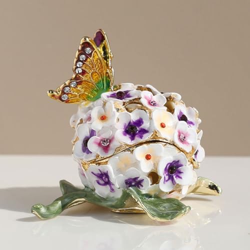 SUSUZUKU Decorative Floral Jewelry Box with Butterfly Enamel Hydrangea Design Purple and White Flowers Trinket Box Storage