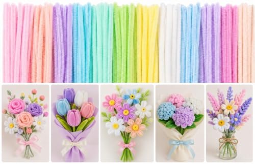 Image of Premium 100 Pcs Pipe Cleaners for DIY Craft Flowers Bouquet Fuzzy Chenille Stems & Fluffy Sticks for Arts & Crafts, Creative School Projects, Kids Craft Supplies, Home & Party Decor (Pastel Colours)