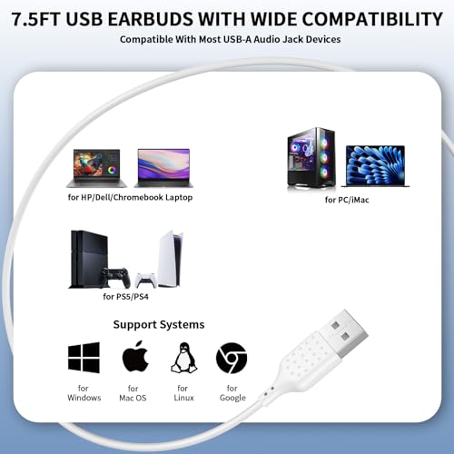 AIAUXAI USB Earbuds with Microphone Mute for PC,Wired Headphones USBA,White - image 8