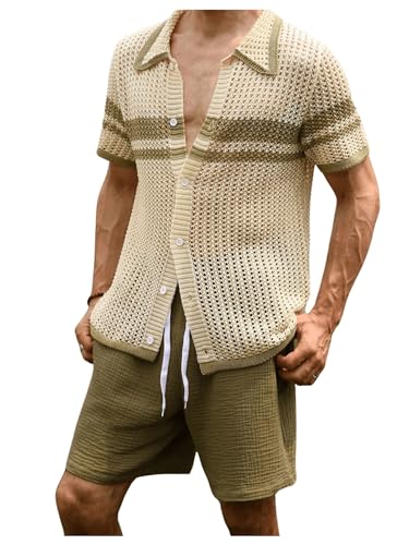 Verdusa Men's Hollow Out Knitted Button Down Short Sleeve Cardigan Sweater