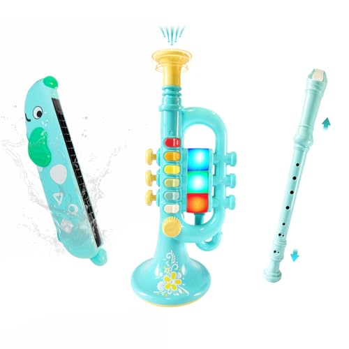 TUSALMO 3-in-1 Kids Musical Instruments with Storage Bag Toddler Toys with Plastic Trumpet Harmonica & Flute Recorder Educational Music Gifts for Children Ages 3 4 5 6 7 Gifts for Boys Girls