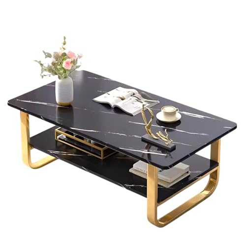 Image of Engineered Wood Coffee Table with Metal Base & 2 Tier Storage | Modern Rectangle Center Table for Living Room Sofa Set | Easy DIY Assembly (90 x 48 x 48 cm) (Gold Black)