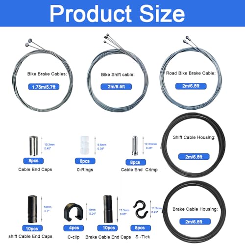 Premium Bike Brake Cable, 54PCS Bicycle brake cable Kit, Universal Bicycle Brake Line, Bike Cable and Shift Cable Housing with Bike Cable End Caps O-Rings for Mountain Road Bike