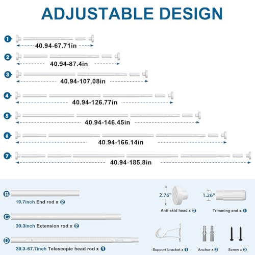 Image of AIZESI 41-182 Inch Heavy Duty White Tension Curtain Rod - No Drilling, Adjustable, Rust-Proof for Outdoor, Living Room, Bathroom