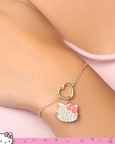 SALLY ROSE Hello Kitty Pave Crystal Charm Bracelet for Women, 6.75"+1" 18k Gold Flash-Plated Official License Hello Kitty Bracelet2