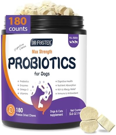 DRFOSTER Probiotics for Dogs, Freeze-Dried Dog Probiotics and Digestive Enzymes, Plus Omega-3 for Itchy Skin, Prebiotics for Digestive Health, Dog Vitamins and Supplements for Immune Health, 180 Bites