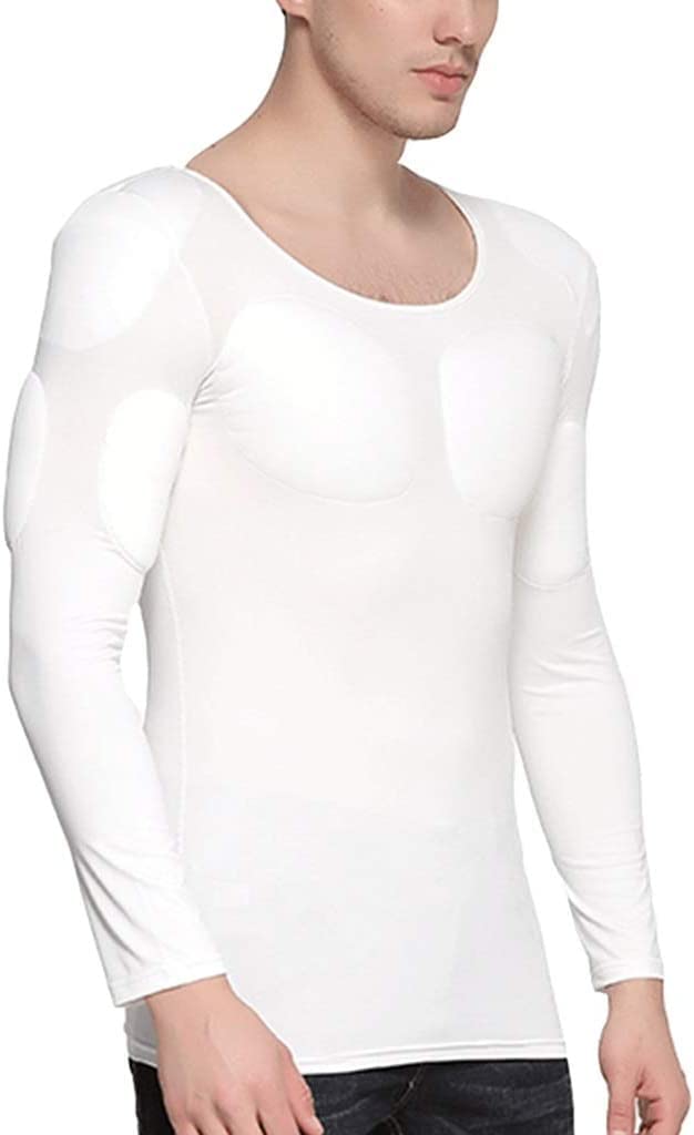 HIMKSRE Body Shaping Shirts for Men, False Muscle Chest T-Shirt Fake Shoulders Padded Underwear Long Sleeve (Color : White1, Size : M)
