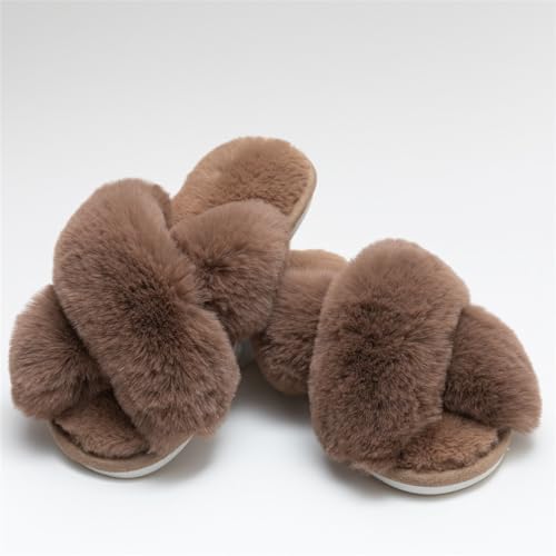 Image of Women's Cross Band Fuzzy Slippers Fluffy Open Toe House Slippers