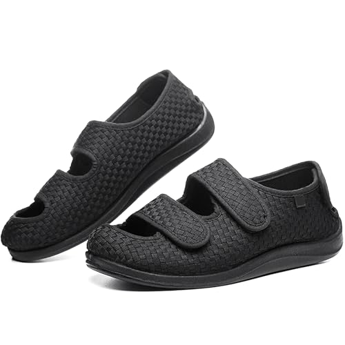 Women Men Open Toe Diabetic Sandals Wide Width, Adjustable Arthritis Edema Slippers for Elderly, Diabetic House Shoes for Swollen Feet, Black L05