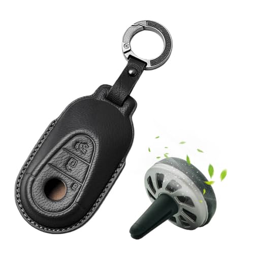 Image of Keyzone Premium Leather Key Cover & AC Vent Car Perfume Combo (4 Fragrances) | Compatible for Mercedes Benz S-Class, G-Class, E-Class 2022 Onwards 3 Button Smart Key (Black)