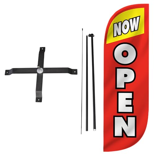 Image of LookOurWay Feather Flag Set - 5ft Tall Advertising Banner Flag with Pole Kit and X-Stand for Business Promotion - Now Open Red /Yellow