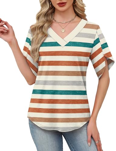 Image of WIHOLL Womens Summer Tops Short Petal Sleeve Shirts Fashion V Neck Womens Clothing