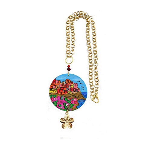 Arte Lisanti Collar con colgante pintado a mano – Manarola – Collar con colgante pintado a mano, medallón de madera pintado a mano, joya elegante en madera totalmente pintada