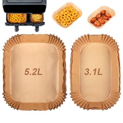 GINOYA Forros para freidora de aire Tefal Easy Fry 5.2L/3.1L, Tower T17099 5.2L/3.3L, Lakeland 5L/3L, Salter EK5729, NETTA 5.5L/3.5L, EUARY 4L/6L, accesorios de papel para freidora de aire de doble