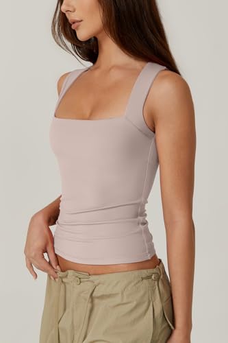 Image of QINSEN Women's Square Neck Sleeveless Double-Layer Tank Tops Basic Tight T Shirts