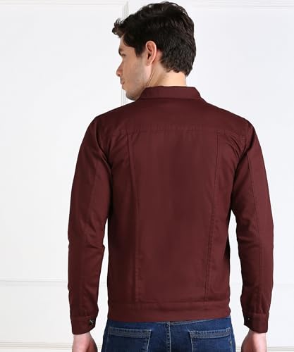 Image of MONTREZ Men Spread Collar Washed Lightweight Casual Denim Jacket (Maroon)