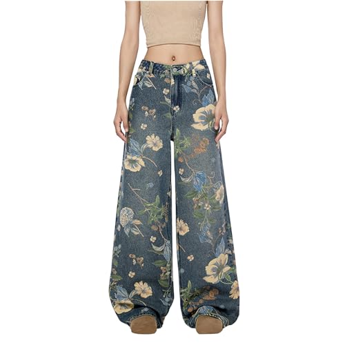 Women's Floral Baggy Jeans Y2k Aesthetics Wide Leg High Waisted Denim Pants Vintage Flower Graphic Grunge Trousers